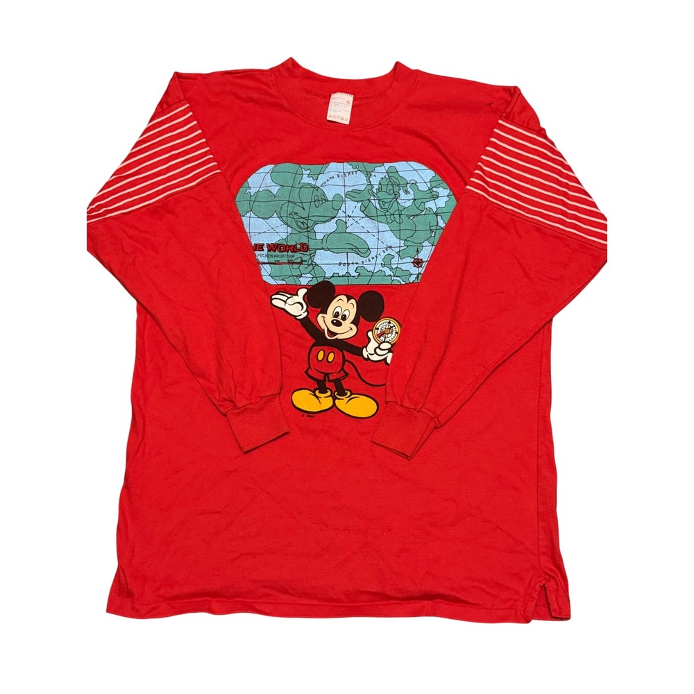 Vintage Artex Mickey Mouse The World Map T-Shirt Red Striped Sleeve XL USA Made